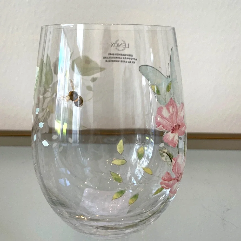 Lenox Butterfly Meadow Stemless Wine Glass Set of 2 Spring Floral Barware NEW